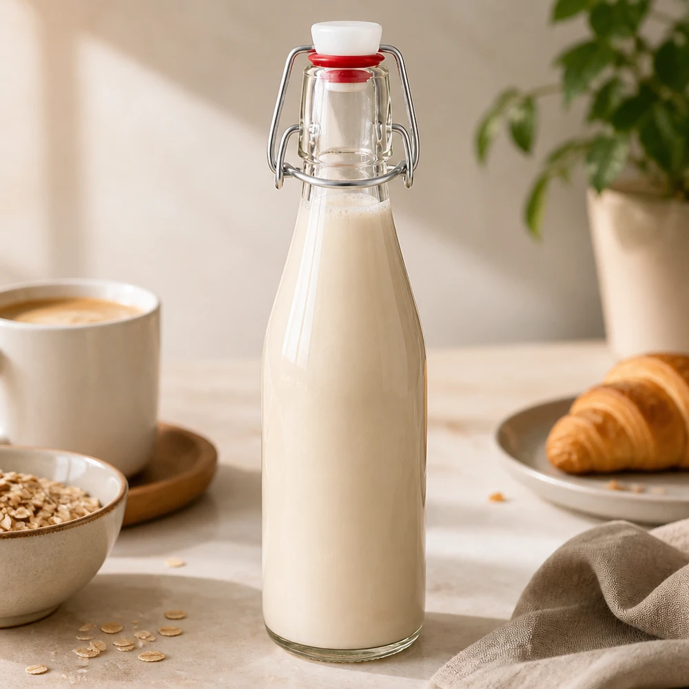 Bottiglia in vetro da 250 ml + tappo oscillante in porcellana UNiTWIST - Acquista qui! Bottiglia di vetro da 250 ml con tappo oscillante riempita di latte accanto a fiocchi d'avena, tazzina da caffè e cornetto