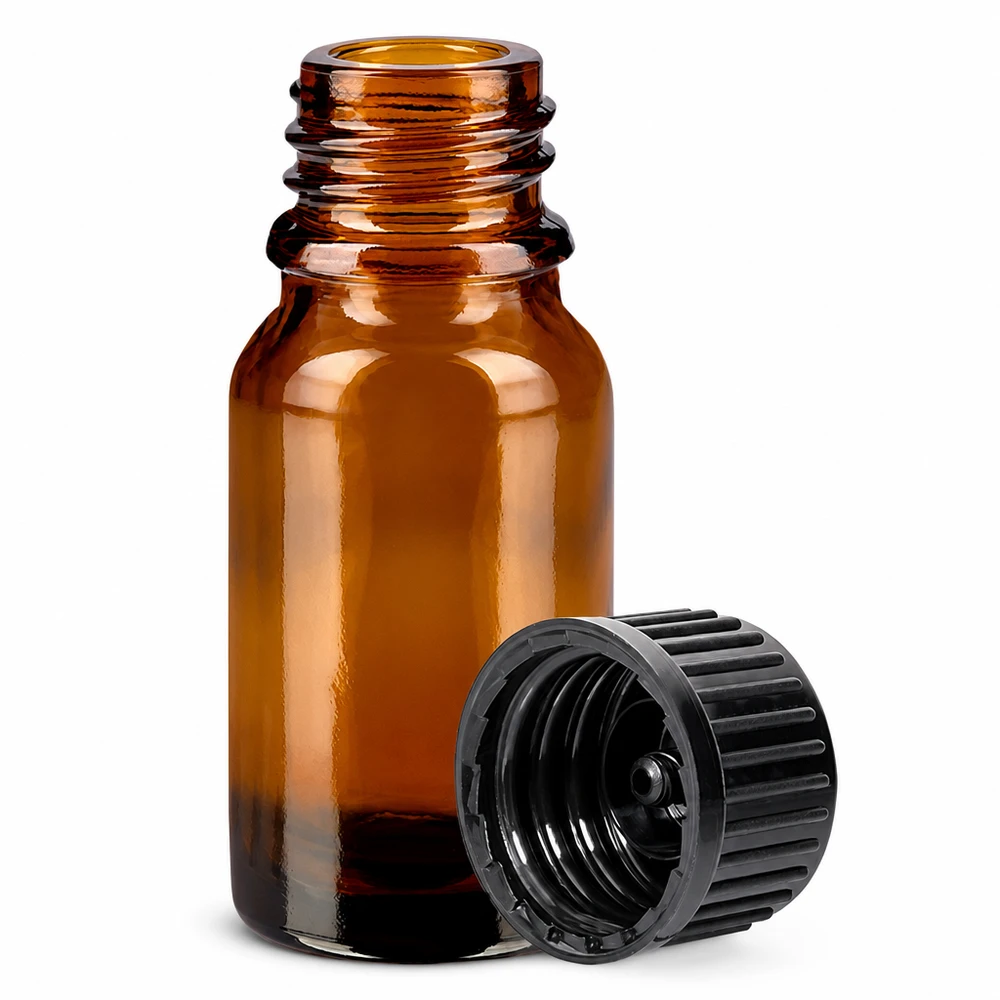 Bottiglia da 10ml 11mm SV nero STD BrownLine UT18/10 Piccolo flacone da farmacia da 10 ml in vetro ambrato con tappo nero rigato