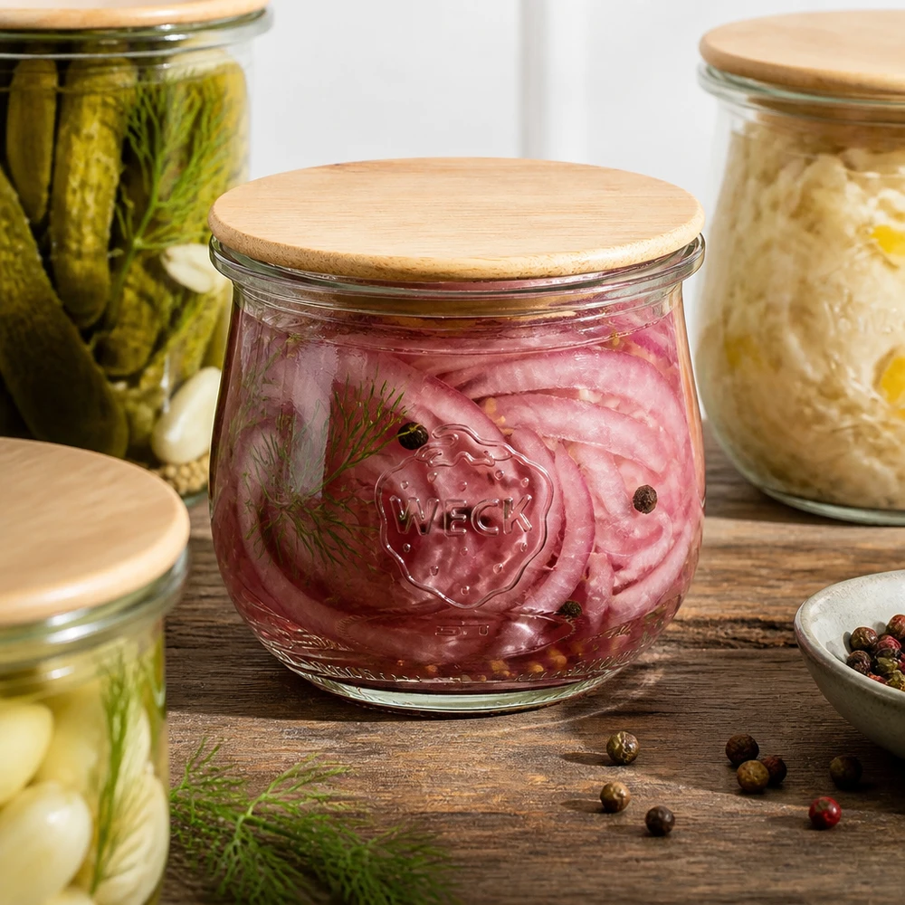 370ml Tulpenglas WECK RR80 mit Holzdeckel WECK Tulpenglas 370ml RR80 mit Holzdeckel für eingelegte rote Zwiebeln zwischen Gewürzgläsern auf Holztisch