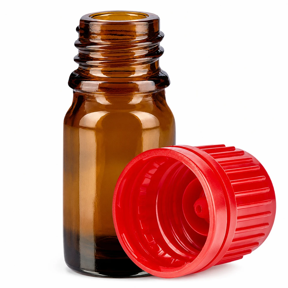 Flacone in vetro ambrato da 5 ml con tappo a vite rosso aperto per cosmetici