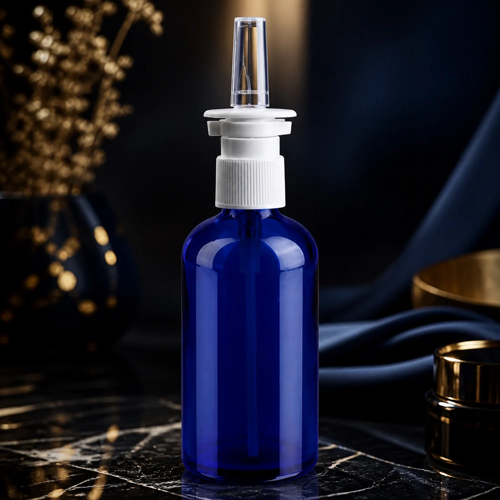 100ml Nasensprayflaschwarz weiß/transparent Standardverschluss BlueLine UT18/100 100ml Nasenspray-Behälter mit kindersicherem Verschluss und gleichmäßiger Wirkstoffverteilung