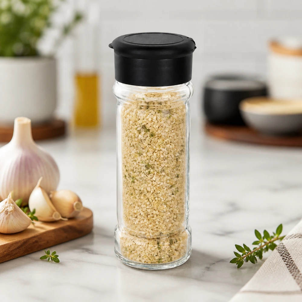 Pot à sel/épices 100 ml avec saupoudreuse, noir Befüllbares Glasstreuer 100ml mit schwarzem Deckel und Kräutersalz in Küche