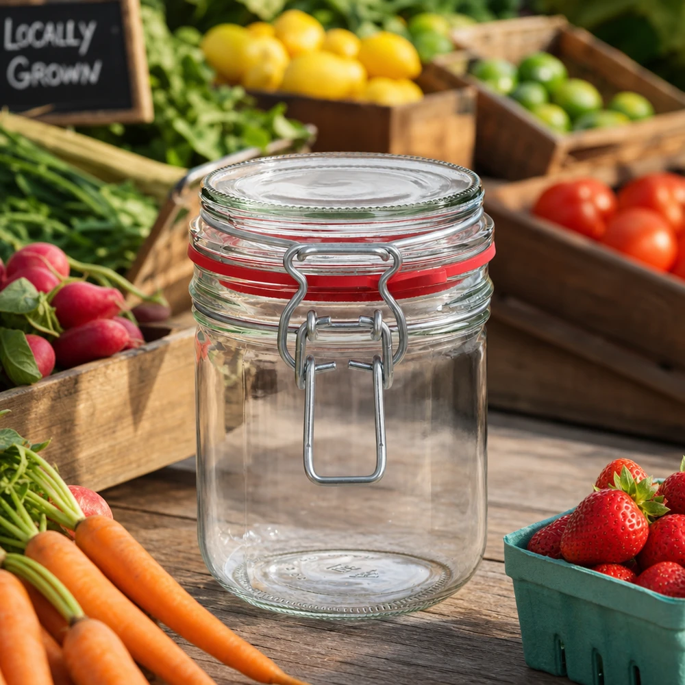 Bocal de conservation de 400 ml, type G, avec bouchon à clip UN.. 400ml Glasdose mit rotem Dichtungsring und praktischem Schnappverschluss für einfache Bedienung