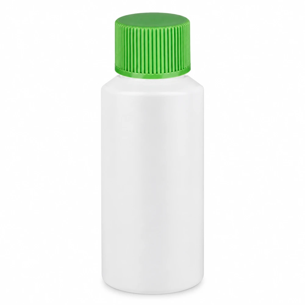 Flacon à pharmacie HDPE 30ml blanc avec bouchon vissable vert Flacon de pharmacie en PEHD de 30 ml, blanc avec un bouchon vert, idéal pour les liquides et les poudres