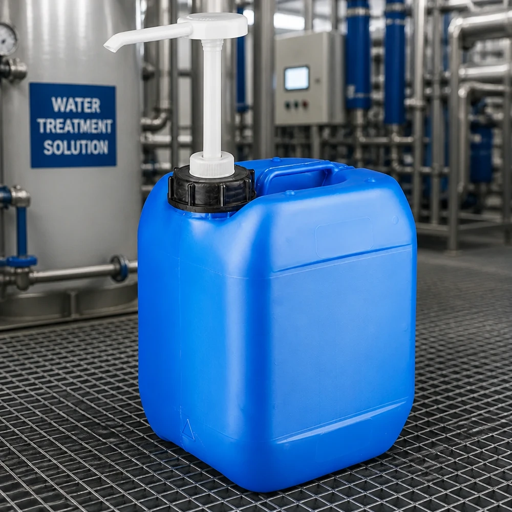 Bidon de 5 litres bleu avec pompe doseuse Bidon bleu en PEHD de 5 litres avec pompe doseuse dans une station de traitement de l'eau