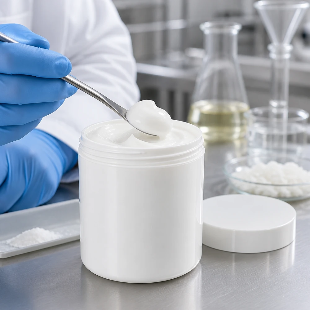Pot à onguent blanc 300 g avec couvercle blanc (PP) Pot à pommade en PP ouvert de 300 g, blanc, contenant une préparation onctueuse, posé sur une surface en acier inoxydable dans un laboratoire