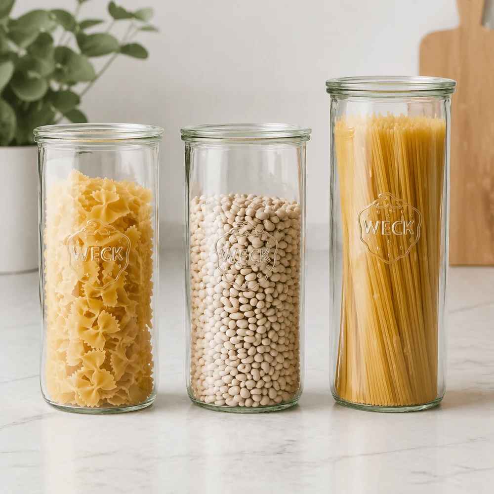1500ml Sturzglas mit Glasdeckel WECK RR100 WECK Sturzglas 1500ml RR100 Set mit Pasta Bohnen und Nudeln gefüllt Vorratsaufbewahrung Küche modern