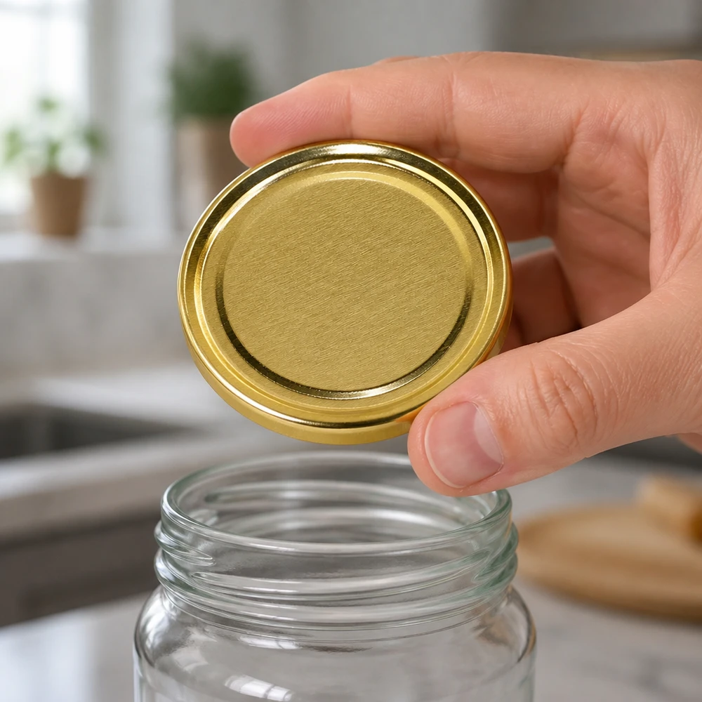 UNiTWIST TO58 gold, BioSeal, BPA-NI, unitemp UNiTWIST TO58 Einmachdeckel 58mm gold BioSeal Unterseite zeigt gebördelten Rand BPA-NI