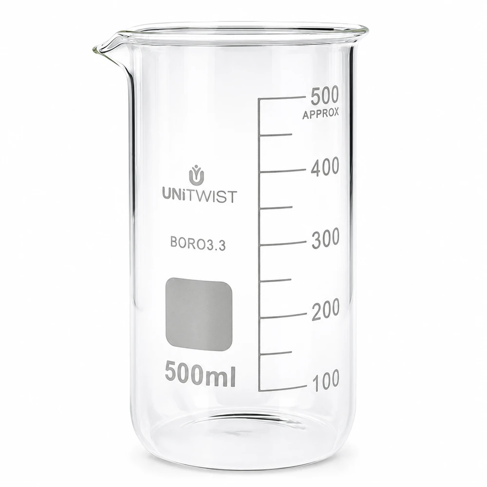 Bicchiere 500ml borosilicato, stampo alto UNITWIST Bicchiere da laboratorio da 500 ml, modello alto, in vetro borosilicato 3.3 con scala graduata in millilitri di UNITWIST