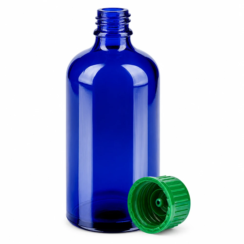 Bottiglia da 100ml 11mm SV verde STD BlueLine UT18/100 Bottiglia in vetro BlueLine da 100 ml per oli essenziali con tappo verde a prova di bambino
