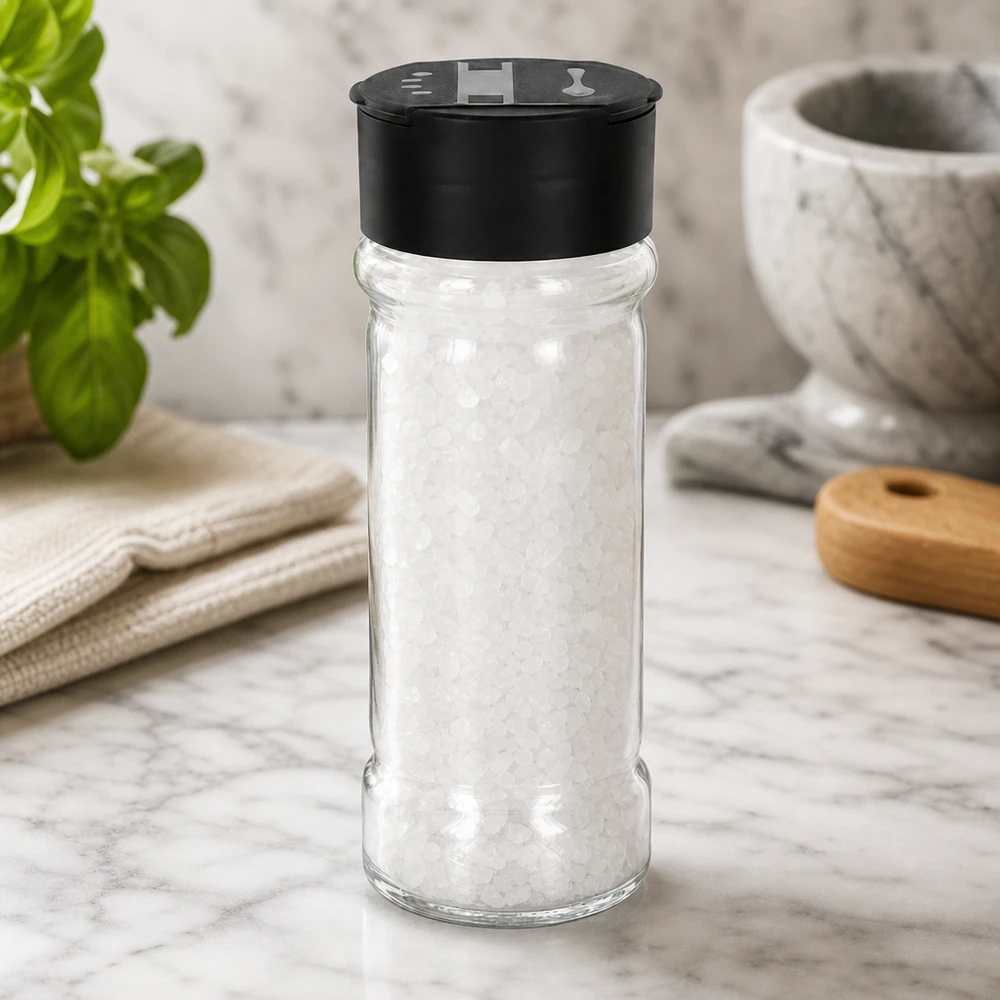 Pot à sel/épices 100 ml avec double saupoudreuse, noir Kleines Küchenglas 100ml mit Meersalzfüllung schwarzem Doppelstreuer und Holzlöffel im Hintergrund