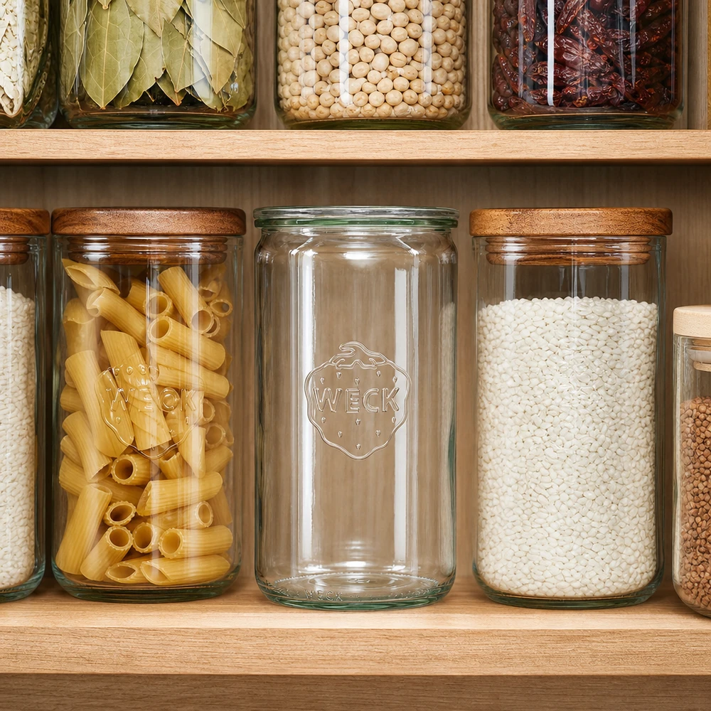 Vaso cilindrico da 1590 ml con coperchio in vetro WECK RR100 Vaso WECK 1590ml RR100 in dispensa organizzata tra pasta e riso con ripiani in legno