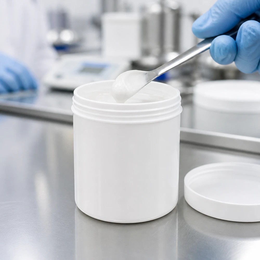Contrôle qualité d'un pot à pommade de 50 g en polypropylène adapté au contact alimentaire, dans un environnement de laboratoire professionnel