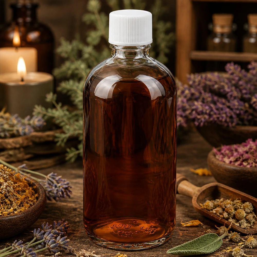 Flacone da 100 ml con tappo standard bianco da 11 mm SV per essenze di erbe e rimedi naturali