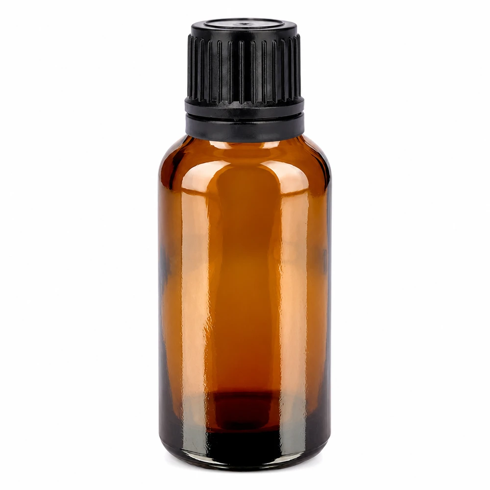Flacone in vetro marrone da 30 ml con tappo nero per proteggerlo dalla luce e dai raggi UV.