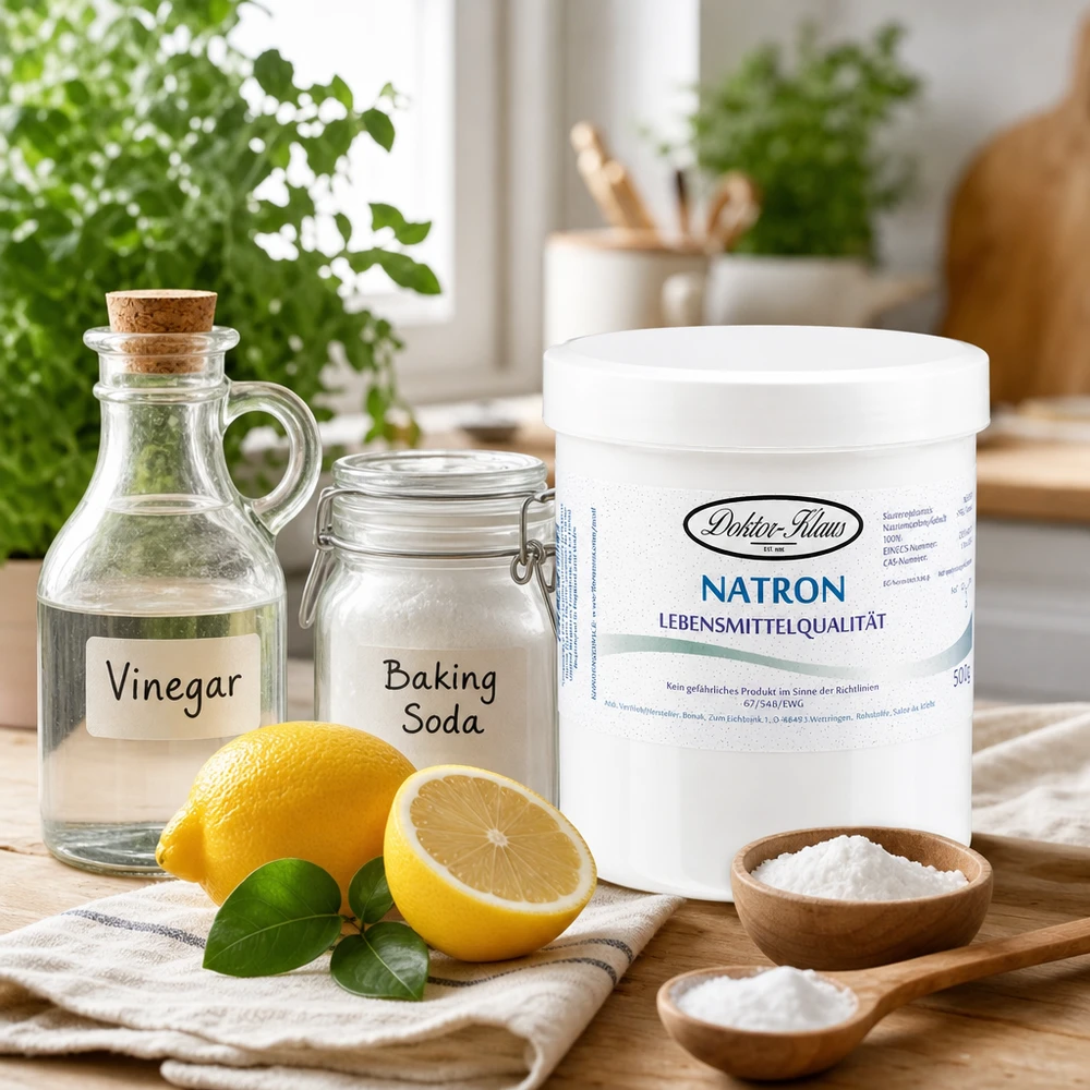 500g bicarbonato di sodio Doktor Klaus Natron Doctor Klaus 500g con aceto di limone e bicarbonato di sodio per la pulizia naturale della casa