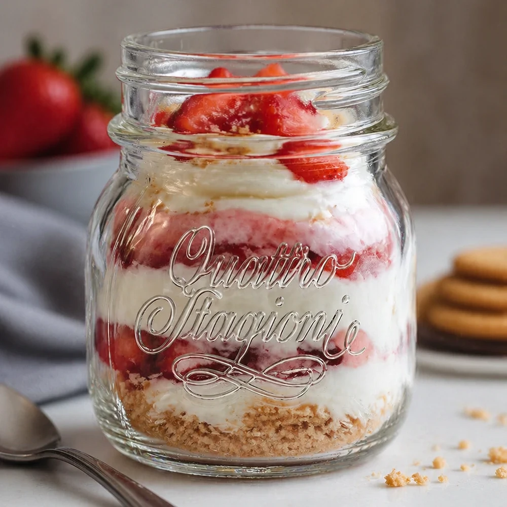 150 ml di bicchiere Quattro Stagioni per uso domestico riempito con un dessert a strati di fragole e panna su un piano di lavoro bianco della cucina
