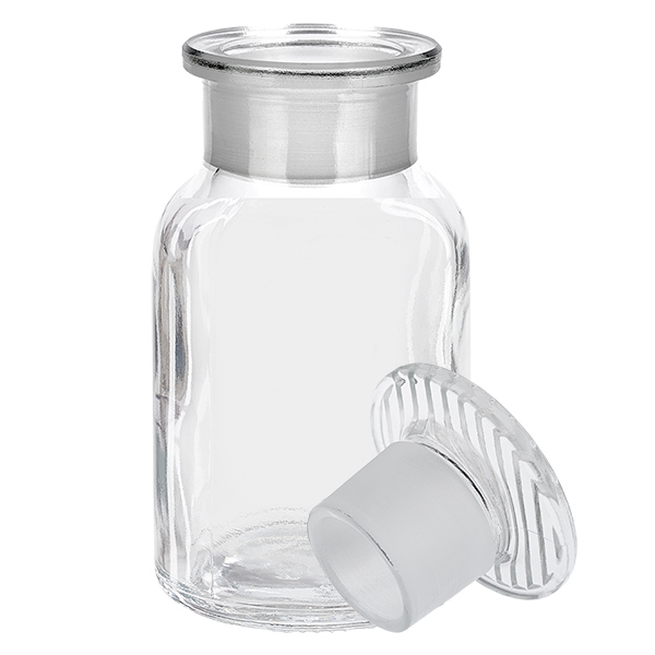 Bottiglia a spalla tonda 100ml trasparente a collo largo con tappo in vetro Bottiglia trasparente a spalla arrotondata da 100 ml con tappo in vetro, a collo largo, per laboratorio e farmacia
