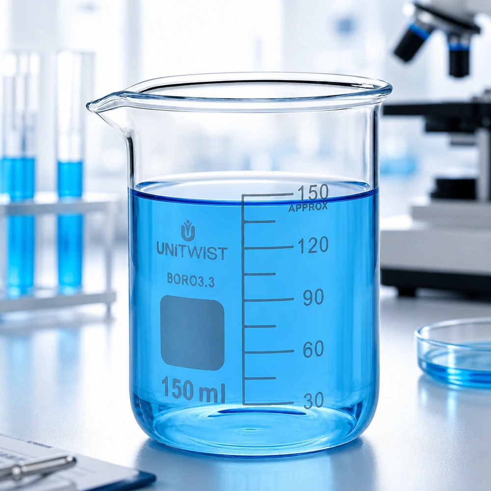 Bicchiere 150ml borosilicato, stampo basso UNiTwist Bicchiere da laboratorio UNiTwist da 150 ml in borosilicato 3.3, forma bassa, con liquido blu in laboratorio
