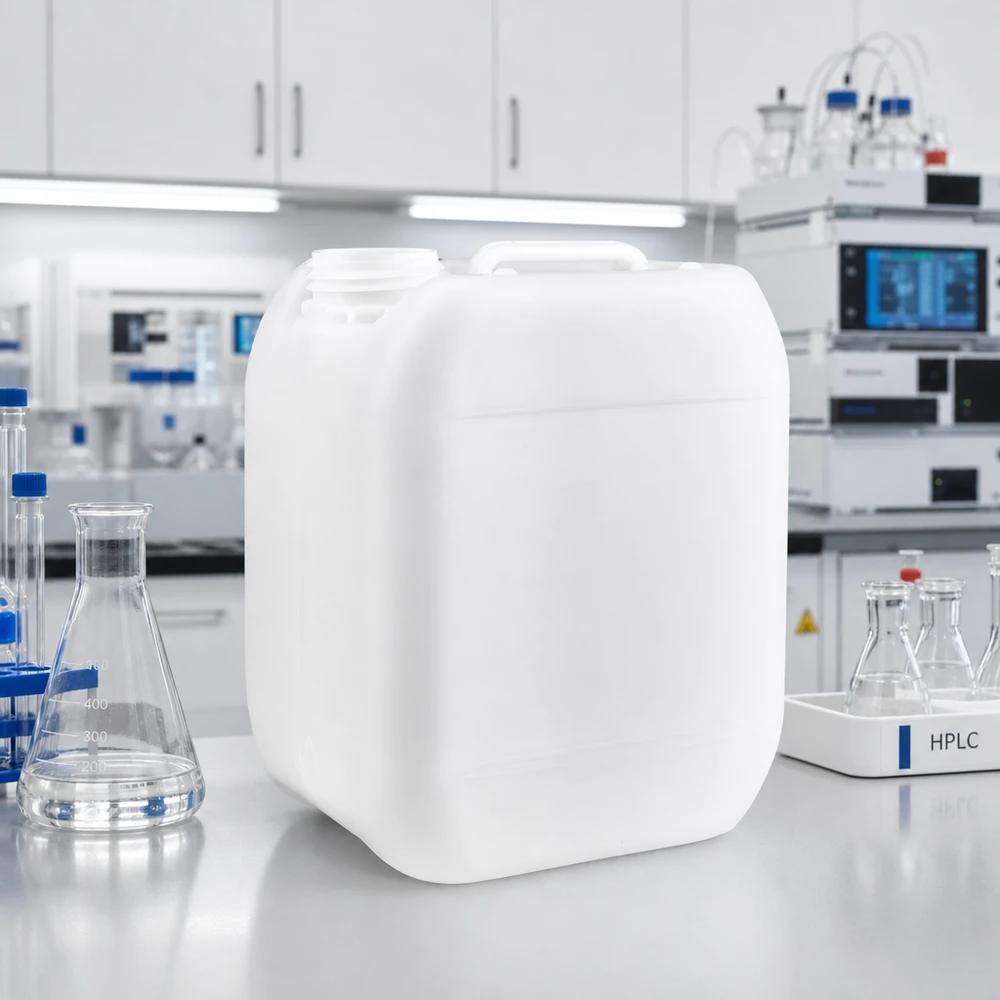 Lebensmittelechter HDPE Kanister 5 Liter ohne Kappe neben HPLC Flaschen im Reinlabor