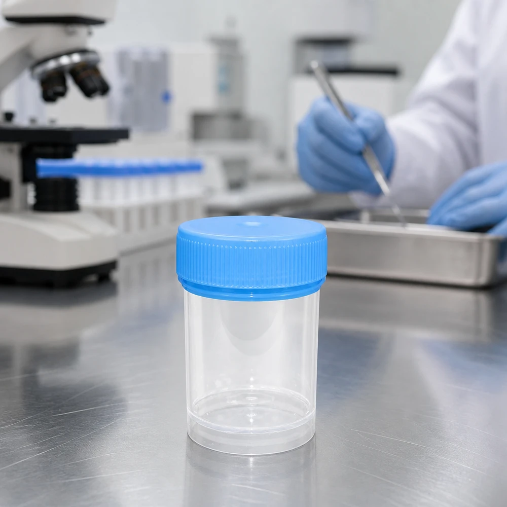 Récipient médical à usage unique de 20 ml avec couvercle bleu, destiné aux applications de laboratoire et de pathologie