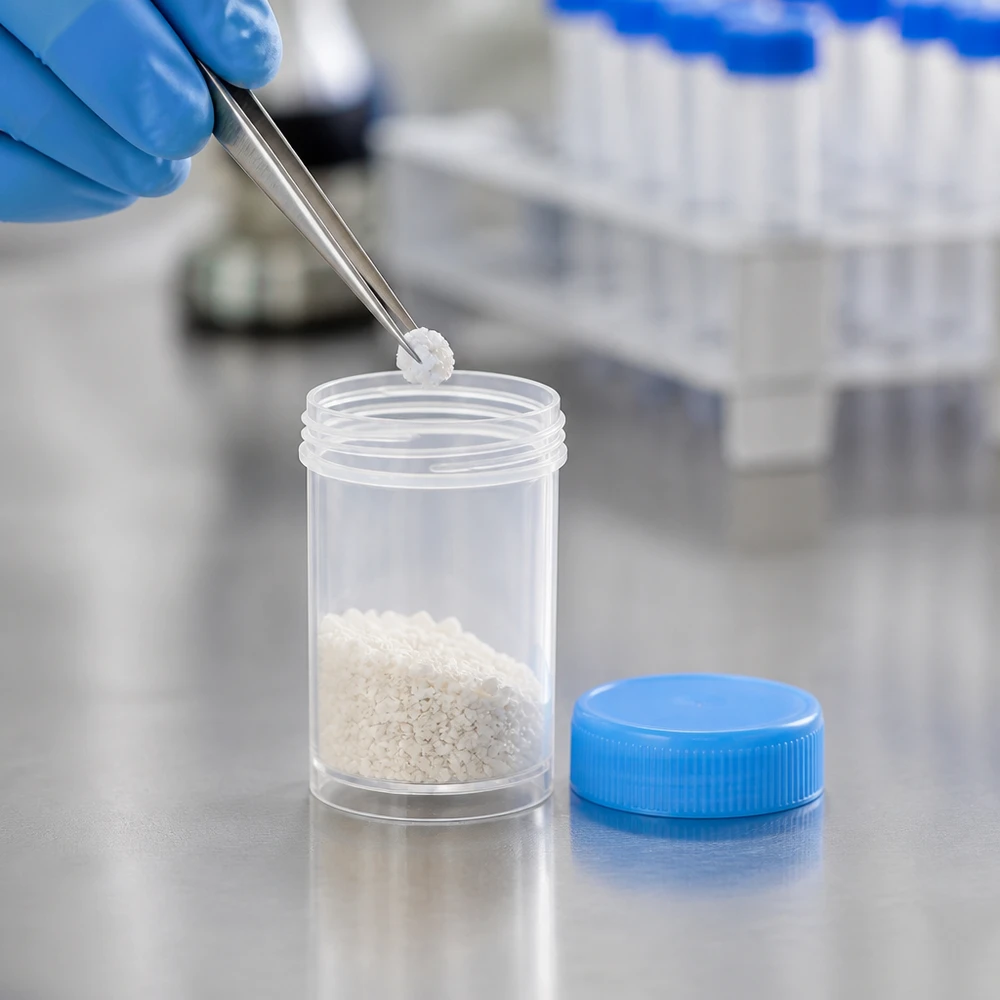 Prélèvement à l'aide d'une pince à épiler dans un pot en plastique universel de 35 ml, à côté d'un tube à centrifuger