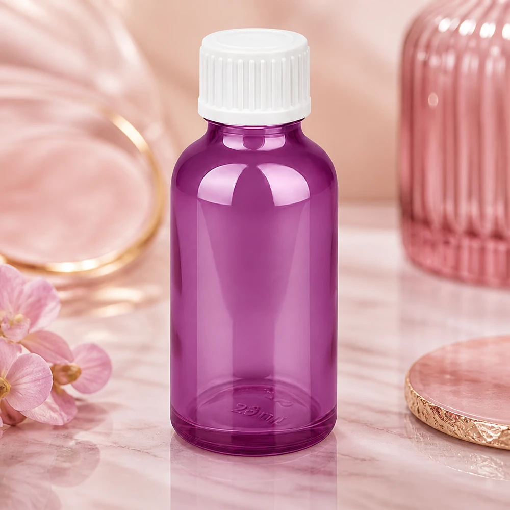 30ml Tropfflasche 0.9mm weiss Standard PurpleLine. UT18/30 Elegante Purple Tropfflasche 30ml mit weißem Verschluss für professionelle Präsentation