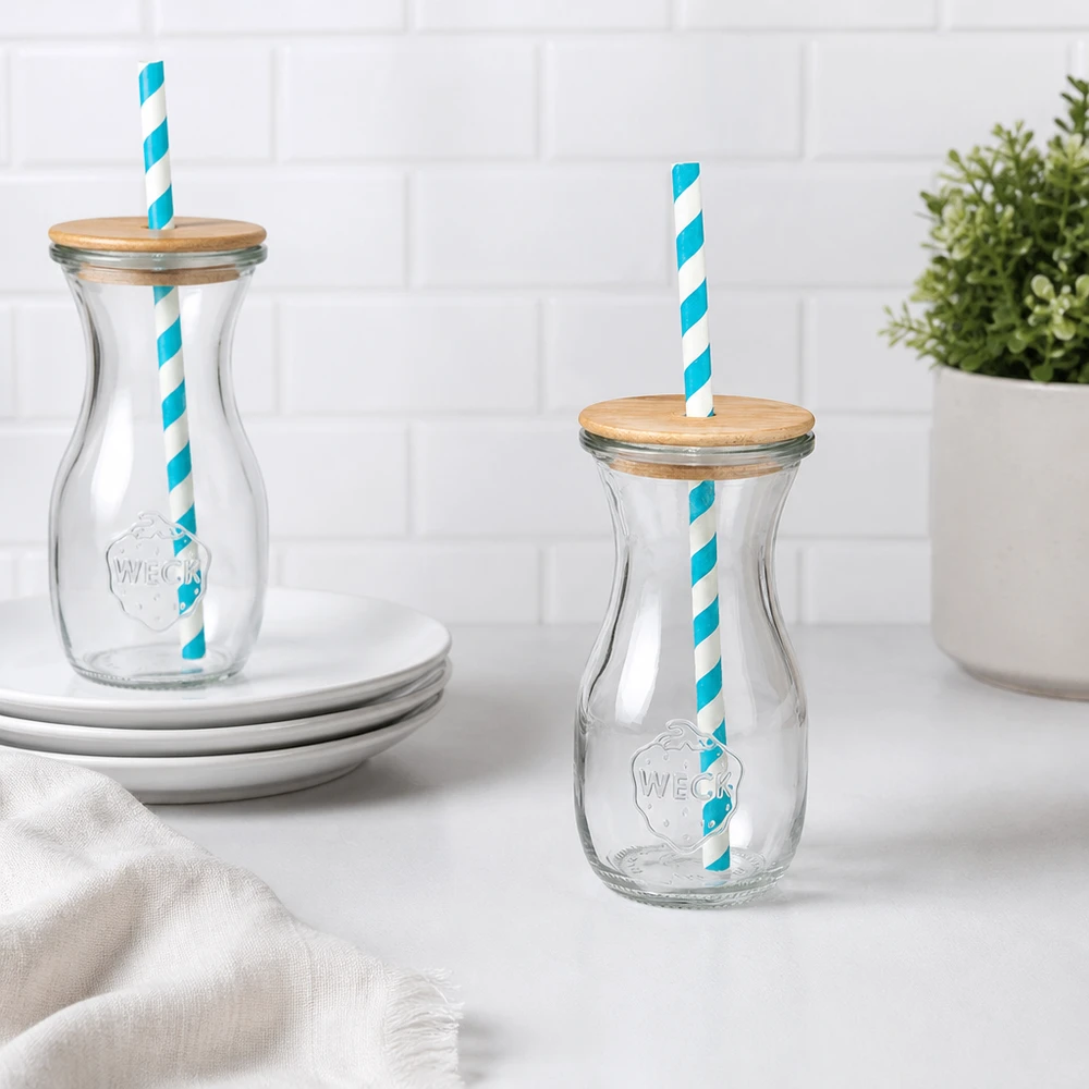 6 x WECK 290ml bottiglia di succo RR60 con coperchio in legno e 100 eco S 2 bottiglie di vetro WECK 290ml coperchio in legno turchese-bianco eco cannucce decorazione cucina piastrelle bianche piatto pianta