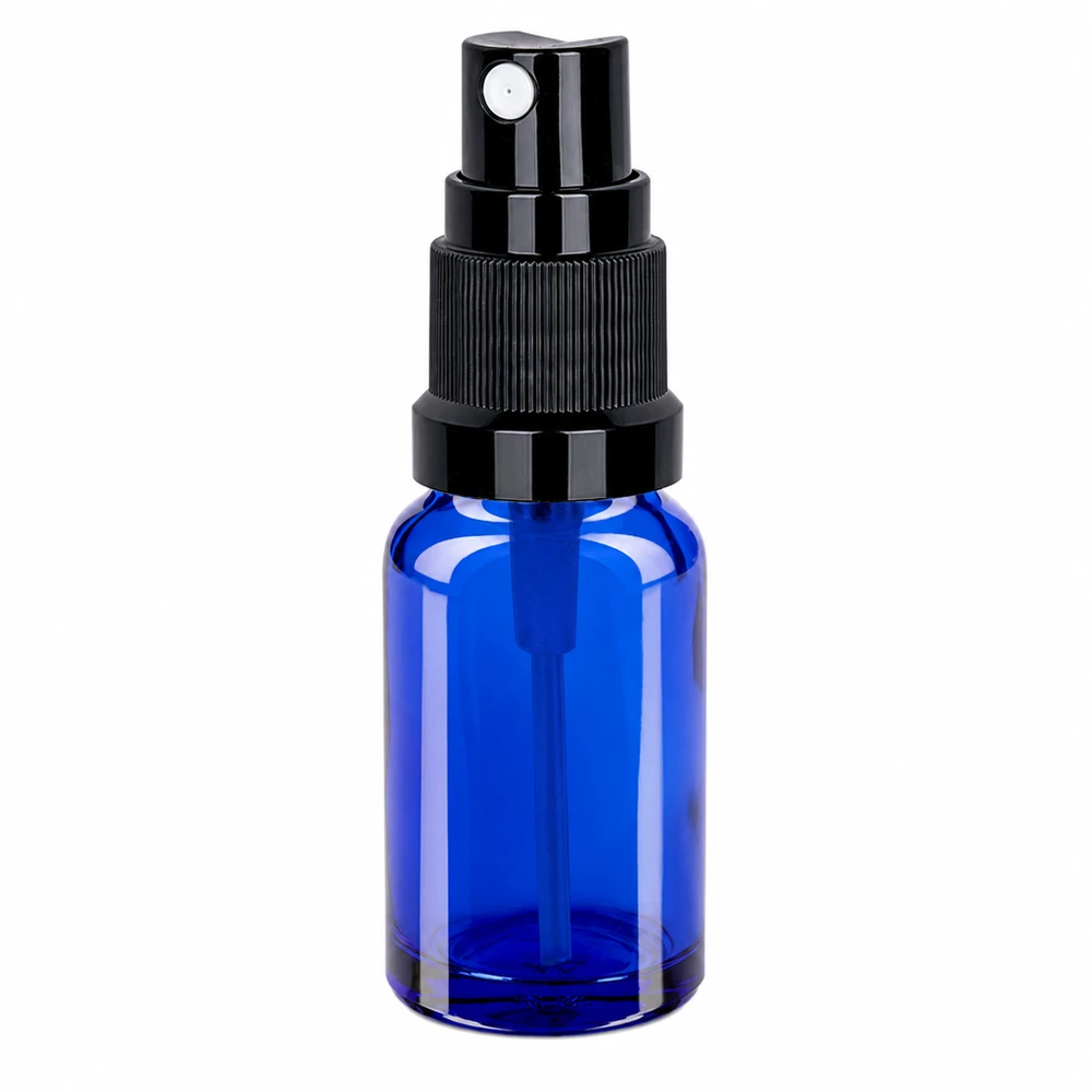 10ml Sprayflasche schwarz Standardverschluss BlueLine UT18/10 Elegante 10ml blaue Sprayflasche STD BlueLine UT18/10 mit mattschwarzem Zerstäuber-Aufsatz