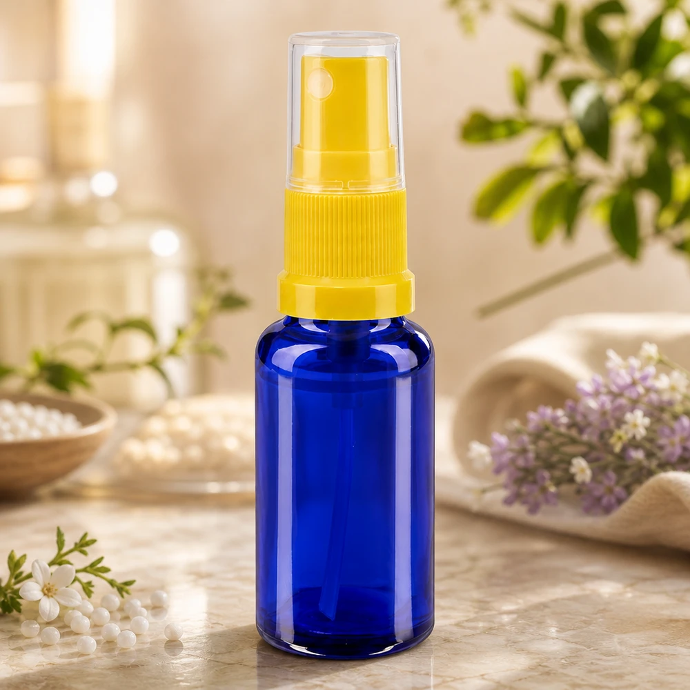 Apothekenflasche blau 20ml Sprayaufsatz gelb 20ml Blauglasflasche mit gelbem Sprühaufsatz lichtgeschützt für empfindliche Flüssigkeiten