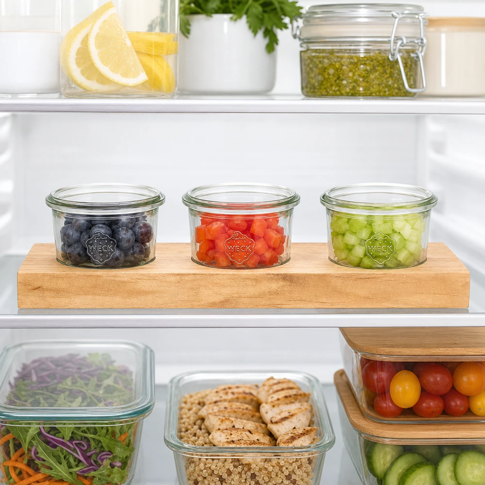 Tagliere Plano3 con 3 vasetti Weck da 80 ml Vassoio di servizio Plano3 con bicchieri Weck da 80 ml in frigorifero per conservare in modo organizzato frutti di bosco e verdure