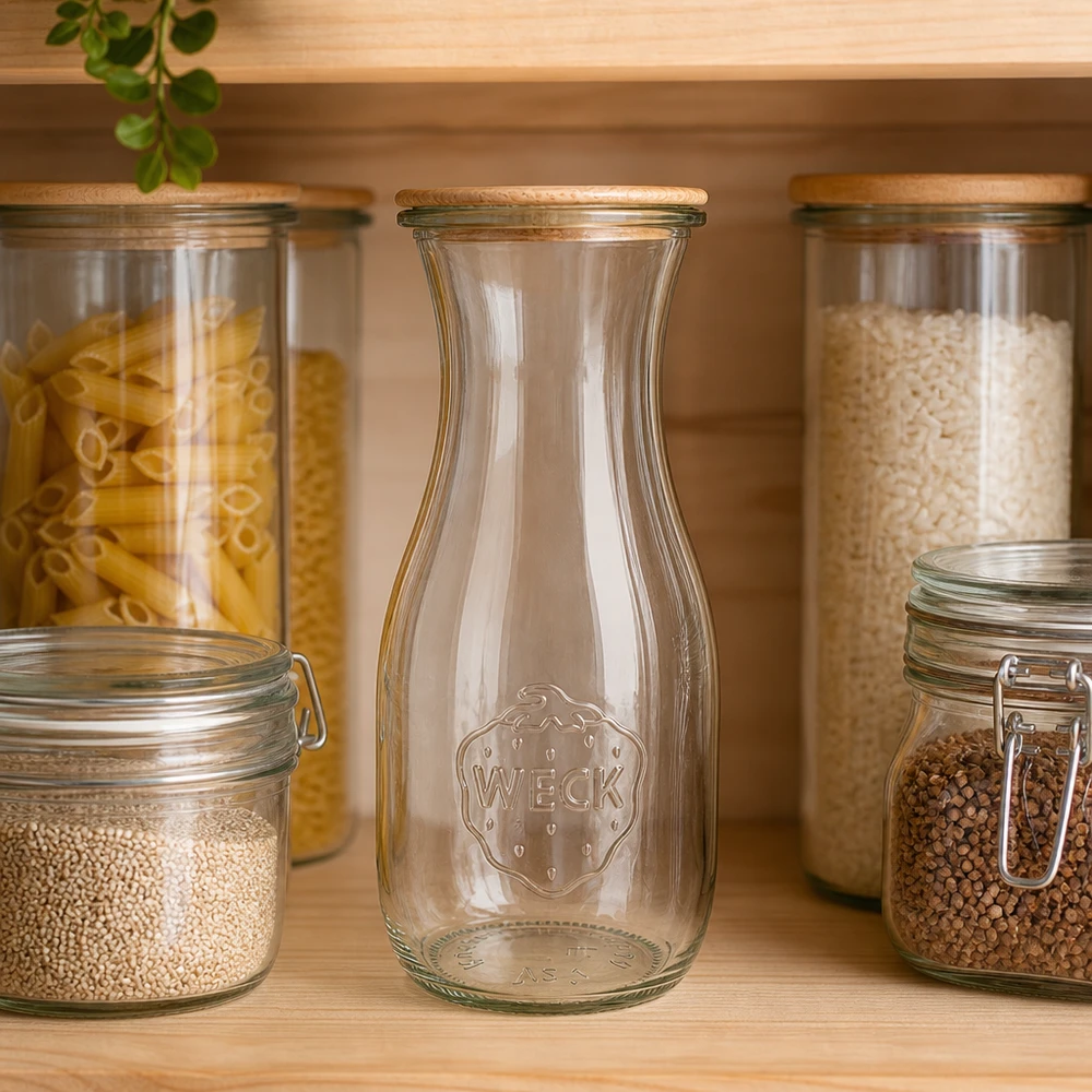 530ml Saftflasche WECK RR60 mit Holzdeckel WECK Saftflasche 530ml RR60 leer zwischen Vorratsgläsern mit Pasta und Reis in organisierter Küche mit Holzregalen