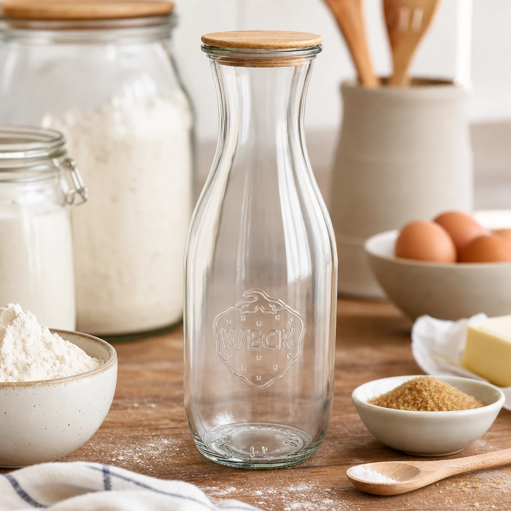 1062ml Saftflasche WECK RR60 mit Holzdeckel WECK Saftflasche 1062ml mit Holzdeckel auf Küchentisch zwischen Backzutaten wie Mehl Eiern und Butter