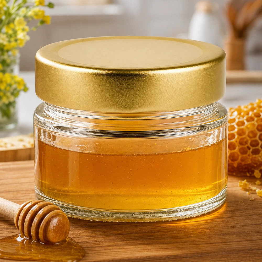 Vasetto rotondo da 80 ml con coperchio BasicSeal color oro pieno di miele accanto a favo e cucchiaio da miele su tavoletta di legno