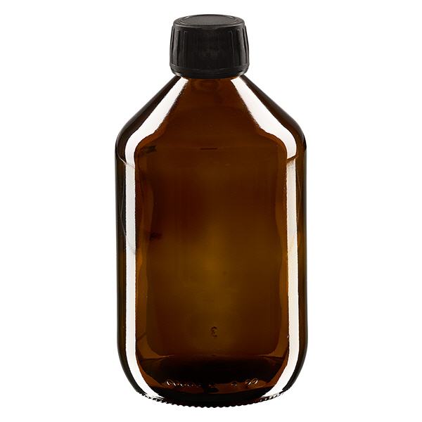 Bottiglia per medicinali da 500ml, marrone, tappo nero con tappo originale Bottiglia per medicinali da 500ml, marrone, tappo nero con tappo originale