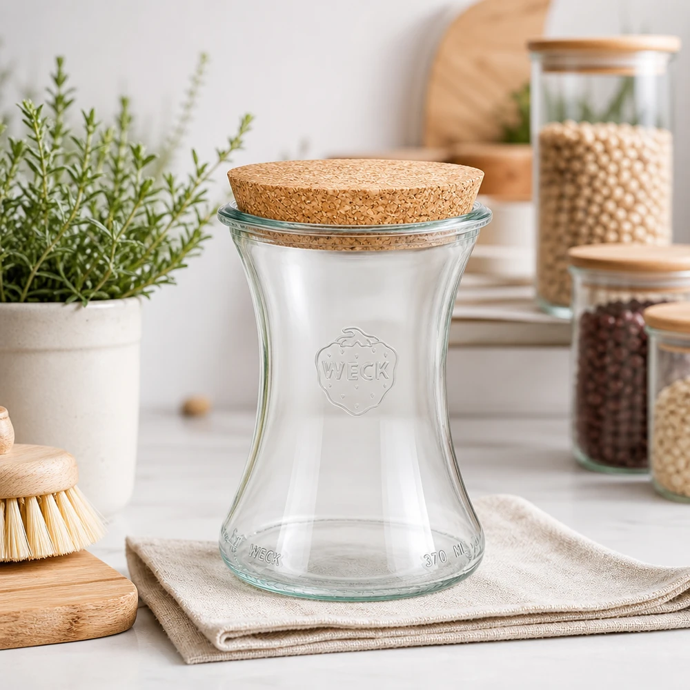 Vasetto da 370 ml WECK RR80 con tappo in sughero naturale WECK Delikatessenglas 370ml RR80 in moderner Küche mit Vorratsgläsern Kräutern und Holzaccessoires als Deko