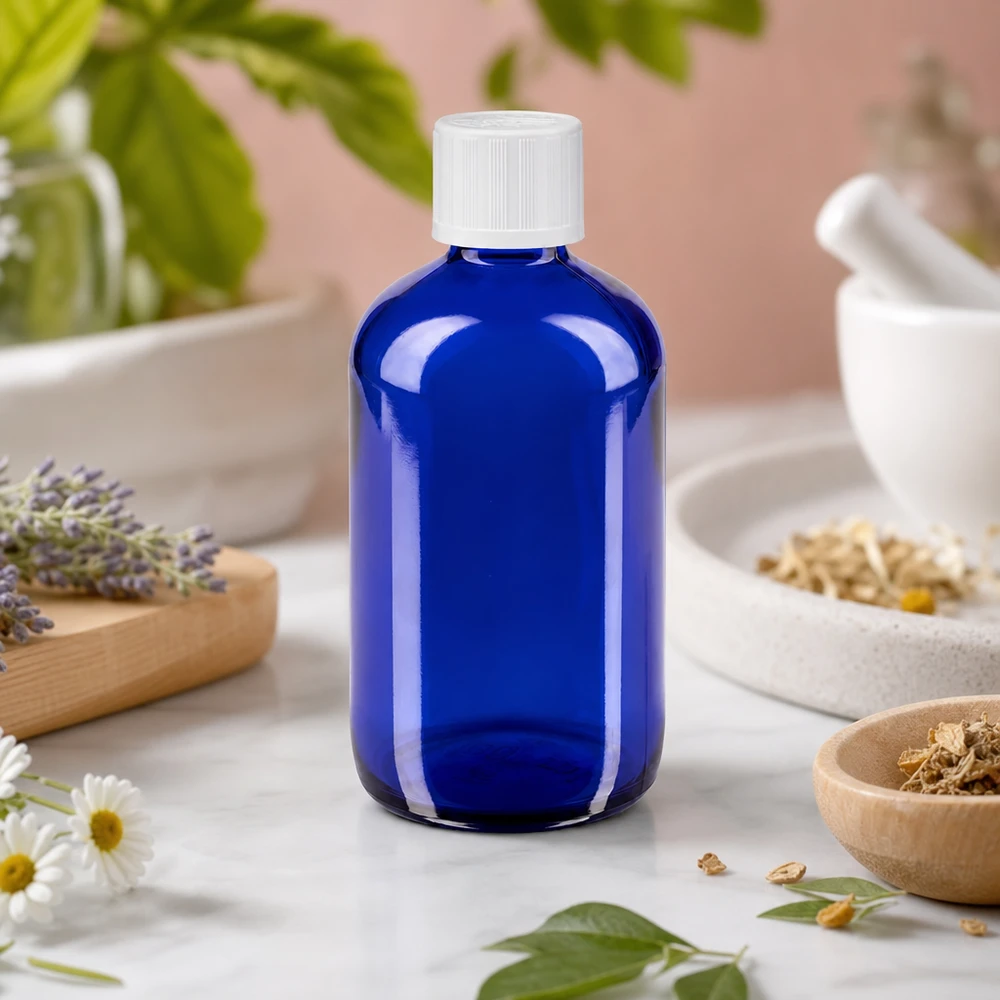 Flacon de pharmacie bleu 100ml bouchon compte-gouttes blanc sécurité enfant std Flacon de pharmacie bleu de 100 ml muni d'un compte-gouttes, orné de lavande et de fleurs de camomille