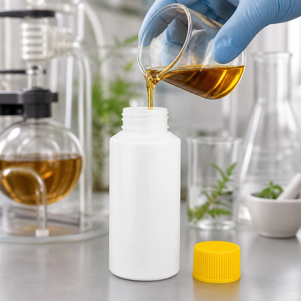 Flacon en plastique blanc de 30 ml avec bouchon de sécurité jaune, destiné au conditionnement pharmaceutique