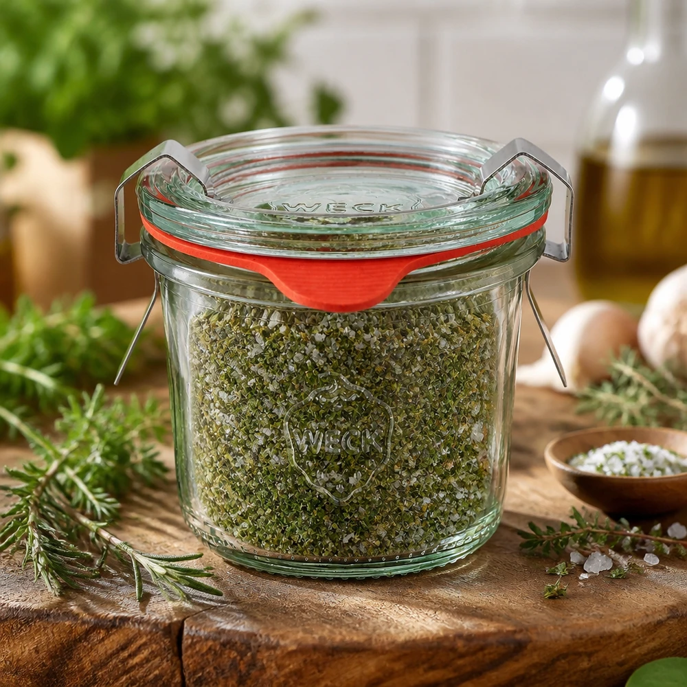 Vasetto WECK Mini da 80 ml, un'idea regalo con sale alle erbe fatto in casa ed erbe aromatiche fresche