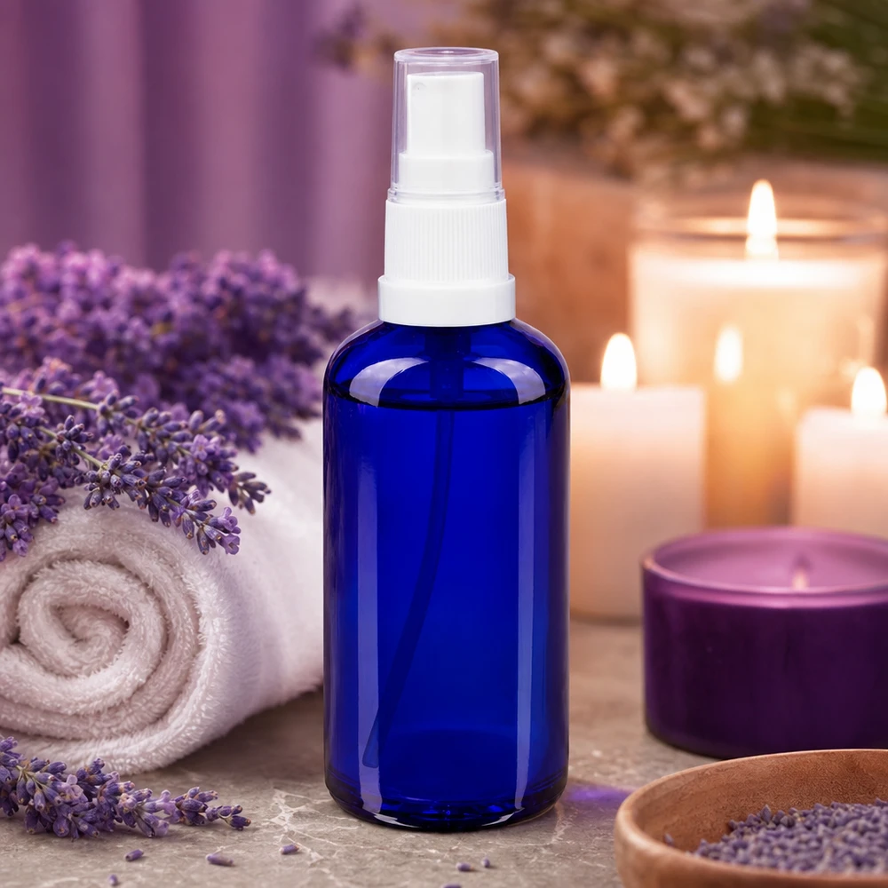 Apothekenflasche blau 50ml Sprayaufsatz weiß Nachfüllbare 50ml Glasflasche mit Sprühkopf weiß für Kosmetik und Naturprodukte