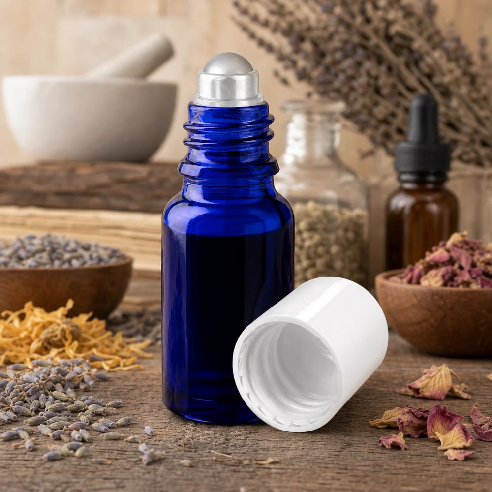Blaue 10ml Roll-On Dispenserflasche aus Apothekerglas mit weißem Schraubverschluss und Kräuterdeko