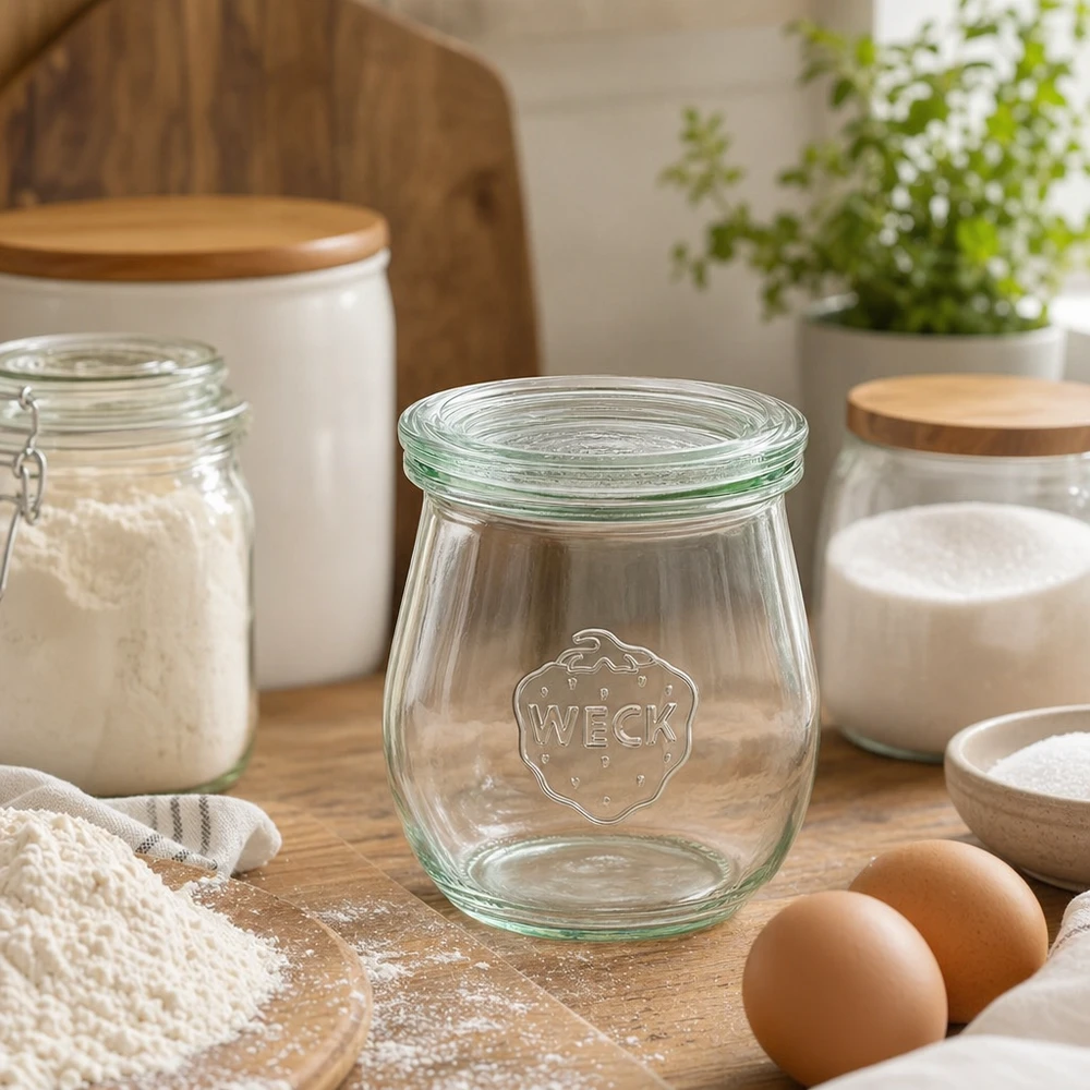 Bocal en forme de tulipe de 220 ml avec couvercle en verre WECK RR60 WECK Tulpenglas 220ml RR60 leer in moderner Küche mit Kochzutaten Eiern Mehl und Küchenausstattung aus Holz