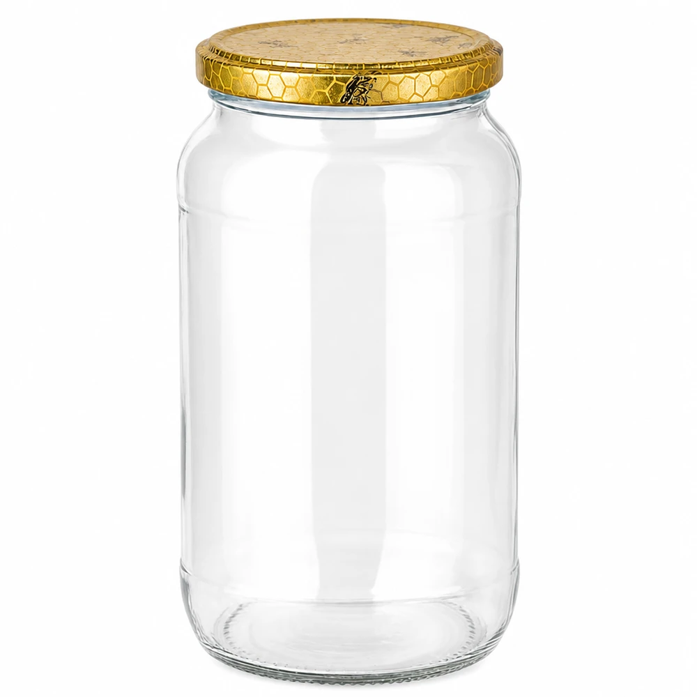 1062ml Rundglas + BasicSeal Deckel Bienenwabe UNiTWIST 1062ml Rundglas mit goldenem Bienenwabe Deckel - leeres Honigglas Einmachglas transparent BasicSeal Verschluss