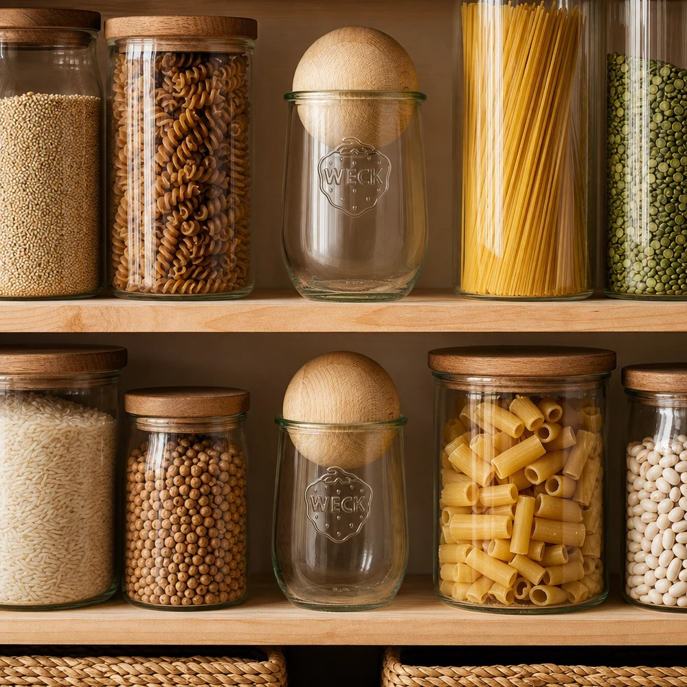Vaso per tulipani WECK RR100 da 1062 ml con sfera in legno di faggio WECK vaso a tulipano 1062ml RR100 con sfera in faggio in dispensa organizzata tra pasta riso e legumi