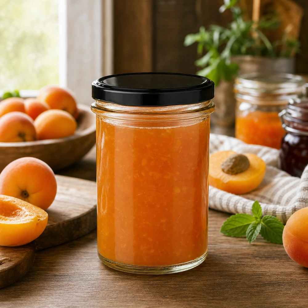 230ml Sturzglas BasicSeal schwarz gefüllt mit Aprikosenmarmelade zwischen frischen Aprikosen Küchenszene Konfitüre