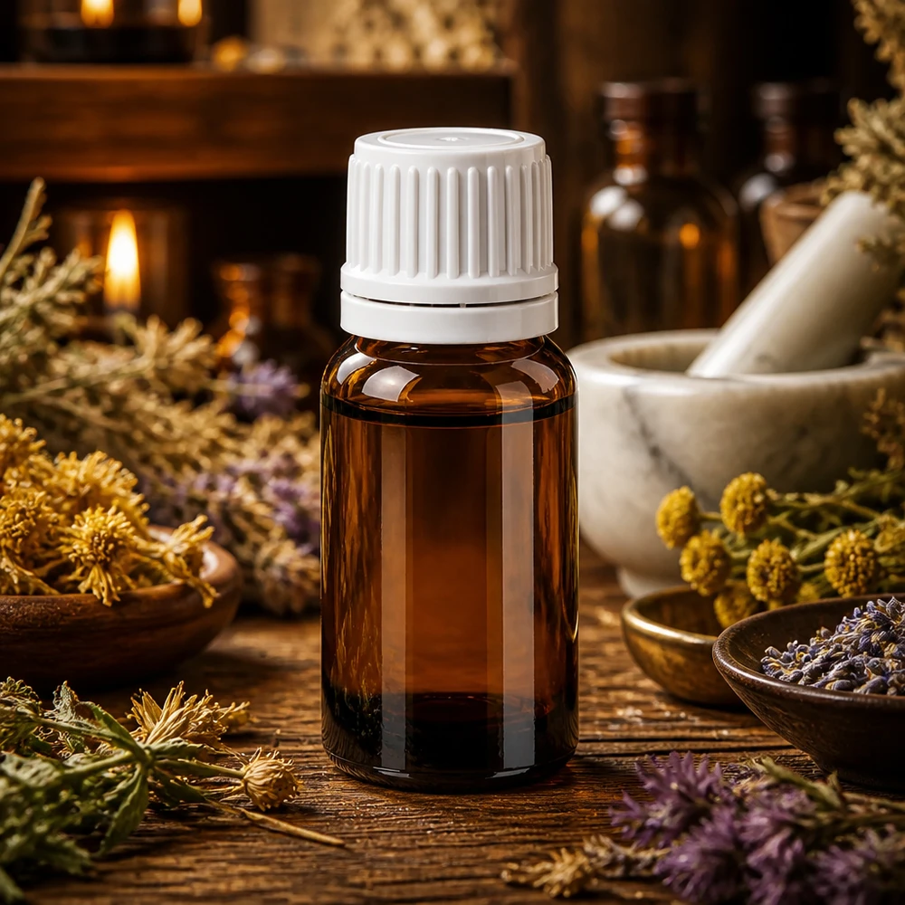 Flacone da 10 ml in vetro marrone con tappo bianco per aromaterapia e naturopatia
