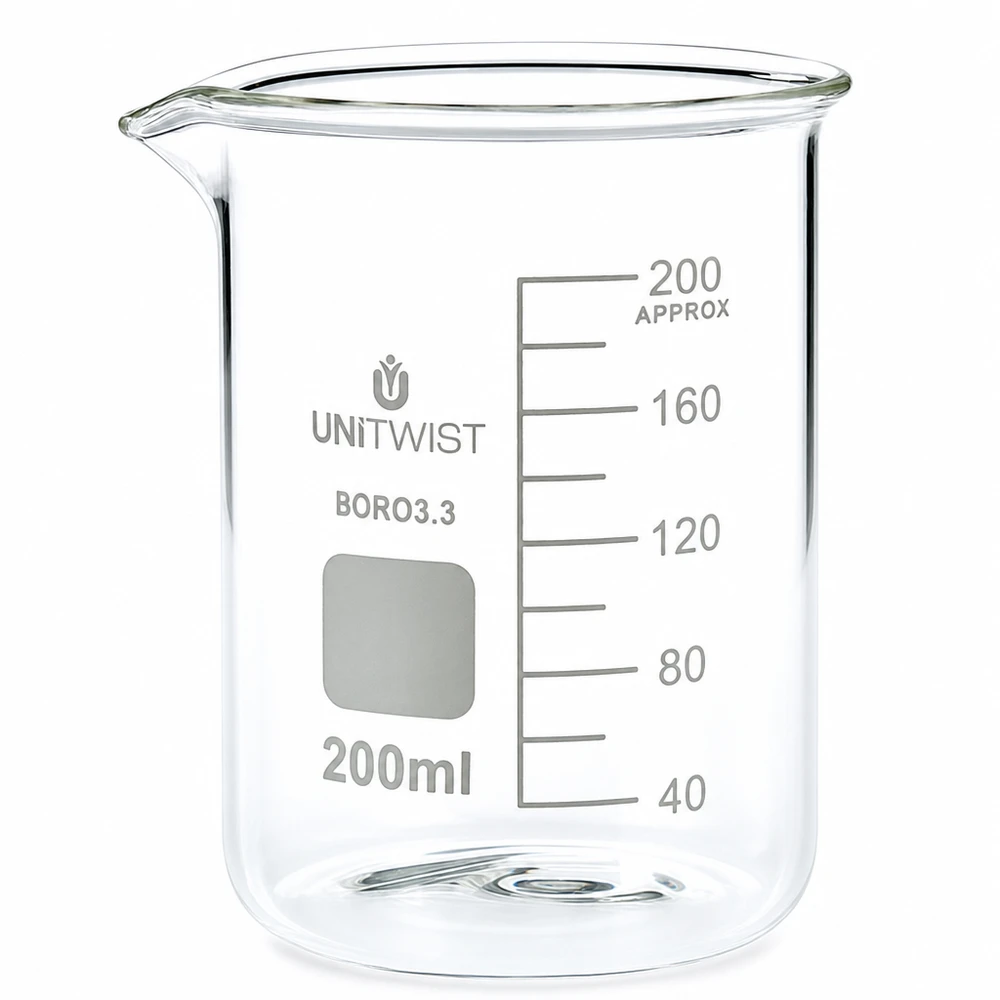 Bicchiere da 200 ml in borosilicato, stampo basso UNiTWIST Bicchiere da laboratorio da 200 ml, forma bassa, in borosilicato, di UNiTWIST, con scala in millilitri