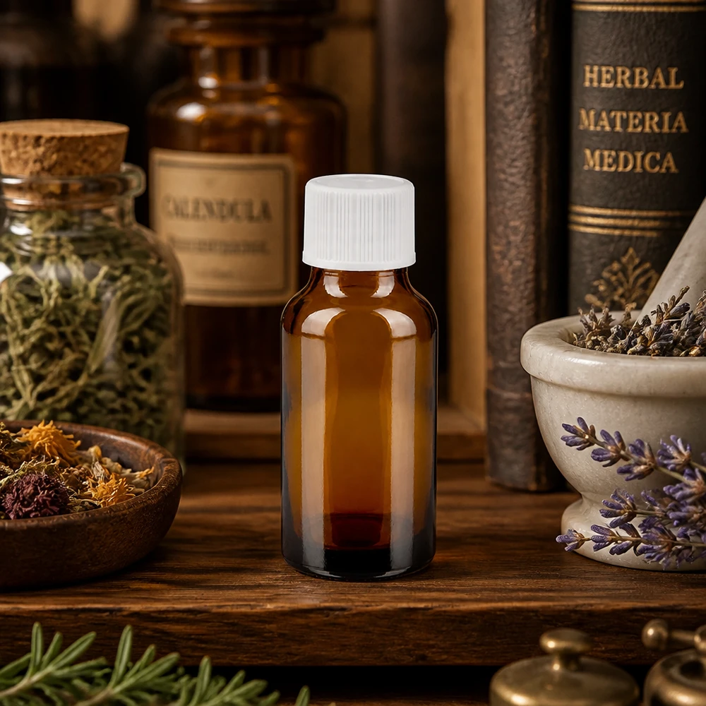 Flacone da 20 ml in vetro ambrato con filettatura standard per la conservazione a lungo termine degli estratti.