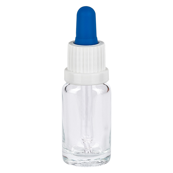 Flacone per pipette da 10 ml bianco/blu OV ClearL. UT18/10 Flacone con pipetta da 10 ml in vetro trasparente con tappo a vite bianco e pallina di gomma blu