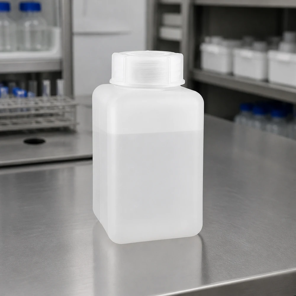 Bouteille vide en PE-HD à col large, 1 000 ml, couleur naturelle, pour liquides et solides dans un laboratoire de chimie